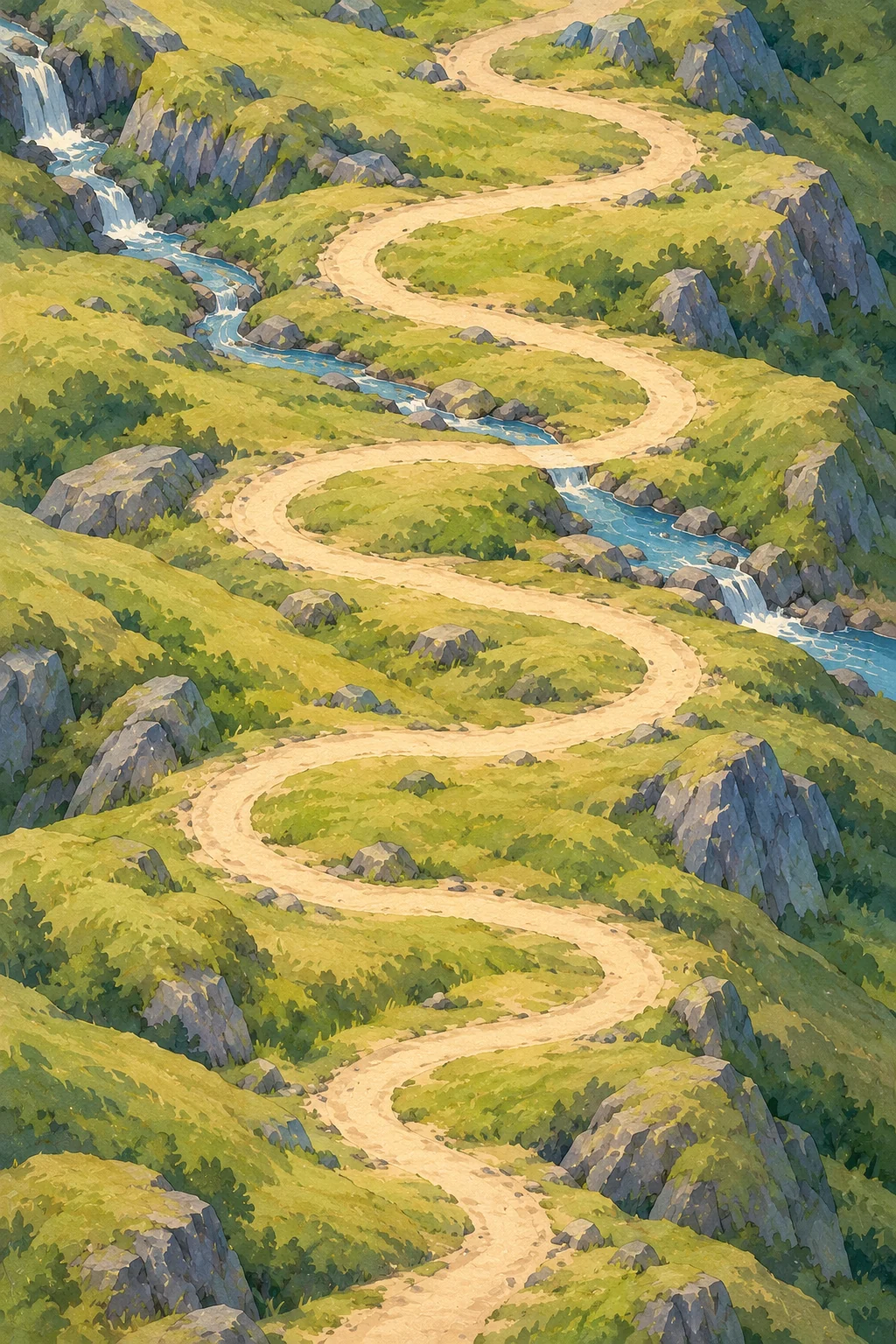 A close top-down view of a winding alpine trail and stream